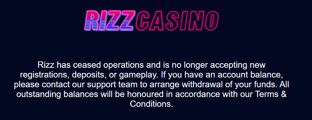 Officiële melding van Rizz Casino over het beëindigen van de activiteiten